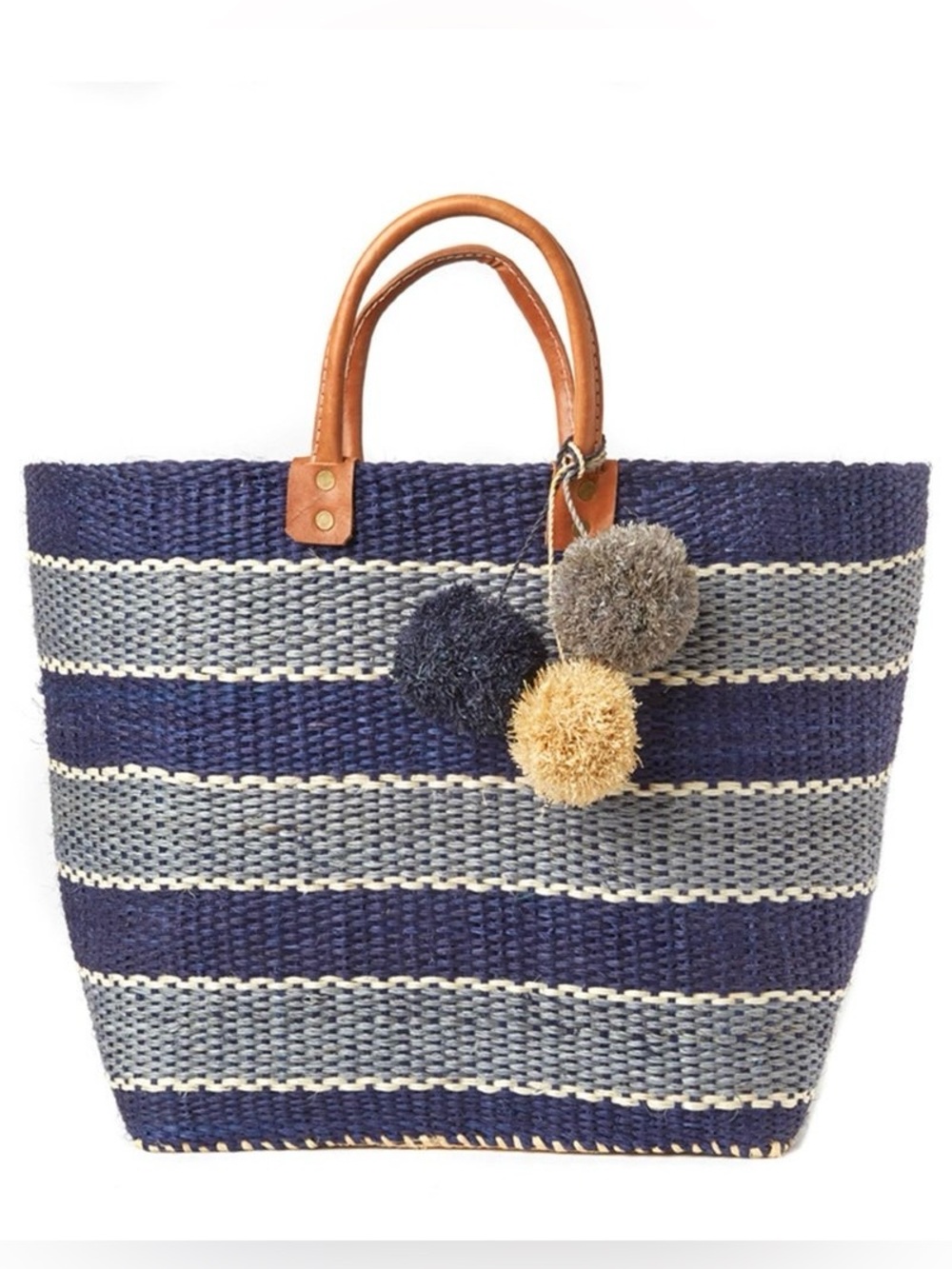 Mar Y Sol Capri Tote Bag Striped Sisal Raffia Pom Poms Handmade Madagascar